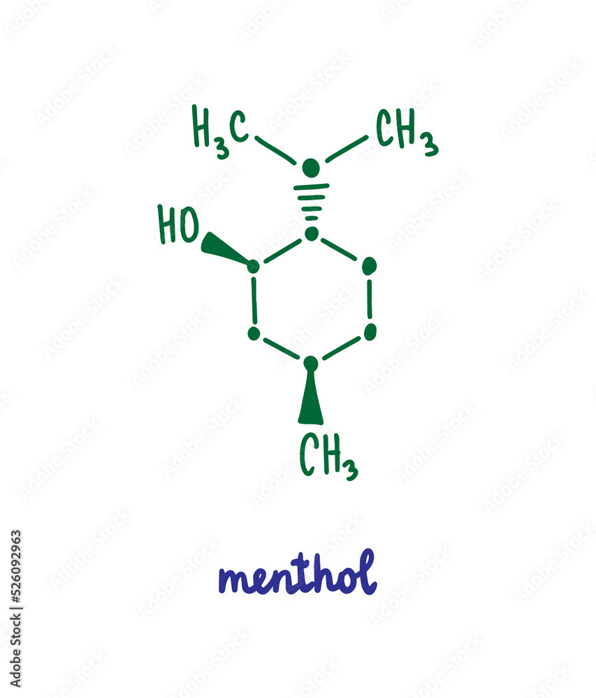 Menthol hand drawn vector formula chemical structure lettering blue green Menthol hand drawn vector formula chemical structure lettering blue green