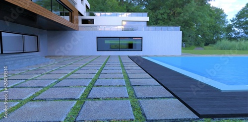 Cobbled area of square concrete slabs in the courtyard of an advanced spacious hotel with a large blue pool. 3d render.