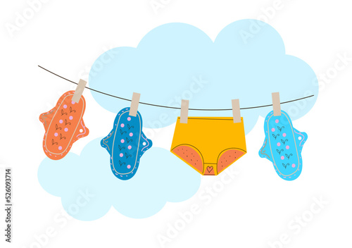 Feminine hygiene. Menstrual pants, reusable cloth pads and cup is hygiene items for protection woman during menstrual cycle, zero waste, cartoon vector illustration.