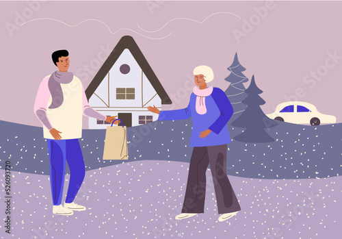   grandson congratulations their grandmother on the Christmas holiday. Family love concept. Elderly caring.Vector flat illustration. 