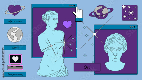 Retro desktop with icons in vaporwave 80's style. Collage of user interface elements and Venus sculpture. 