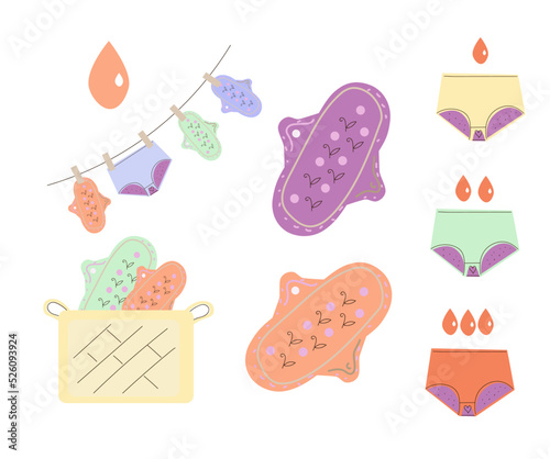 Feminine hygiene. Menstrual pants, reusable cloth pads and cup is hygiene items for protection woman during menstrual cycle, zero waste, cartoon vector illustration.