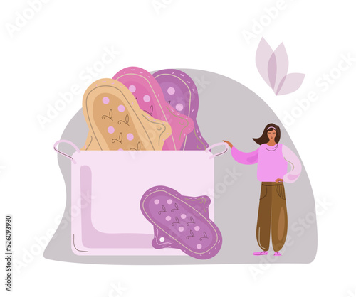 Feminine hygiene. Menstrual pants, reusable cloth pads and cup is hygiene items for protection woman during menstrual cycle, zero waste, cartoon vector illustration.