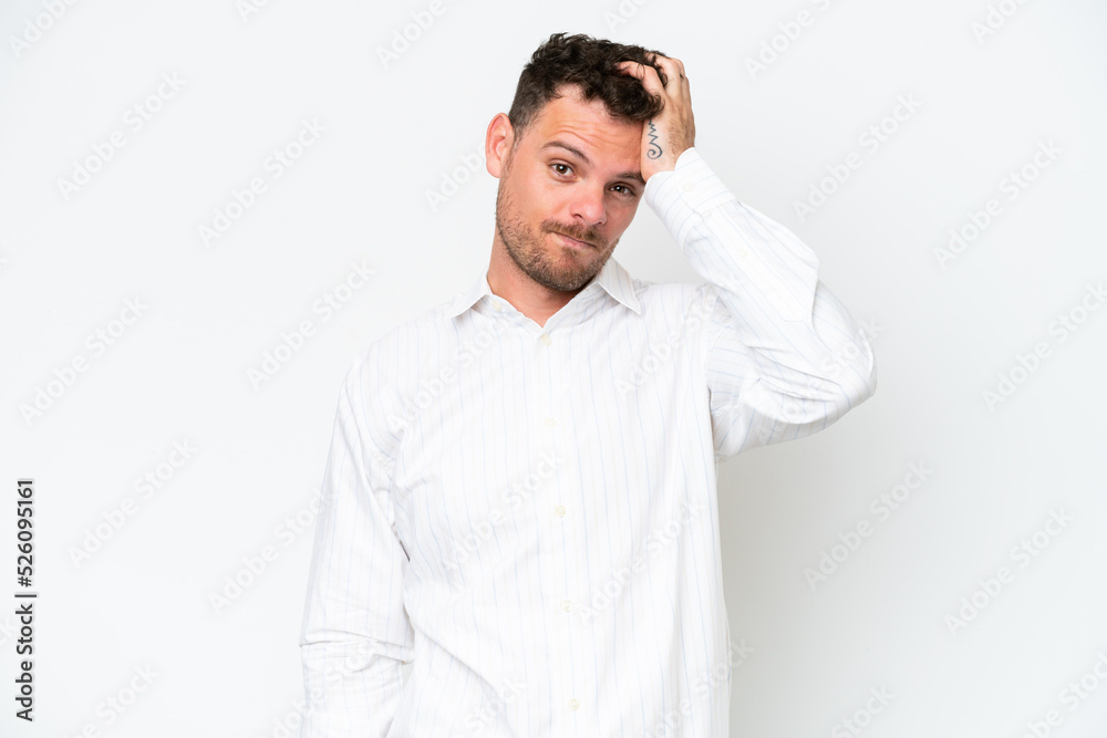 Young caucasian handsome man isolated on white background with an expression of frustration and not understanding Young caucasian handsome man isolated on white background with an expression of frustration and not understanding