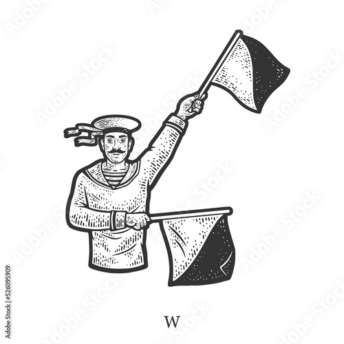 Sailor mariner show flag semaphore alphabet letter W sketch engraving vector illustration. T-shirt apparel print design. Scratch board imitation. Black and white hand drawn image.