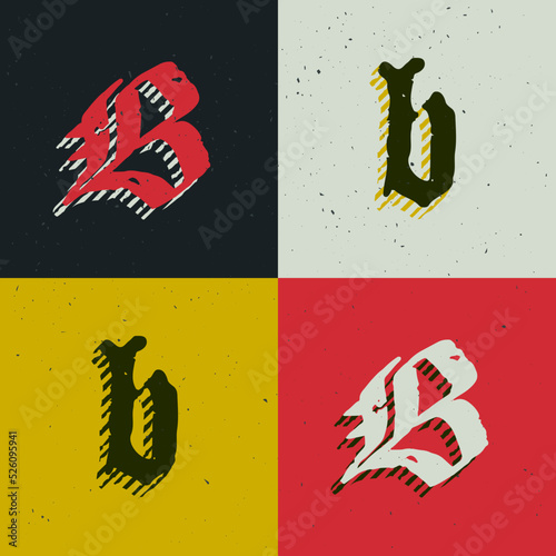 B letter blackletter style logo set with grunge texture. Stylish horror gothic font.