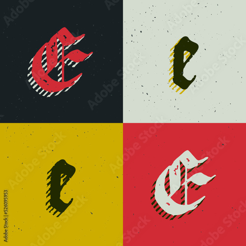 E letter blackletter style logo set with grunge texture. Stylish horror gothic font.