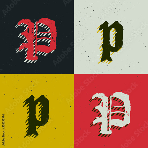 P letter blackletter style logo set with grunge texture. Stylish horror gothic font.