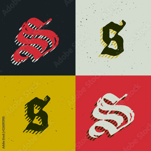 S letter blackletter style logo set with grunge texture. Stylish horror gothic font.