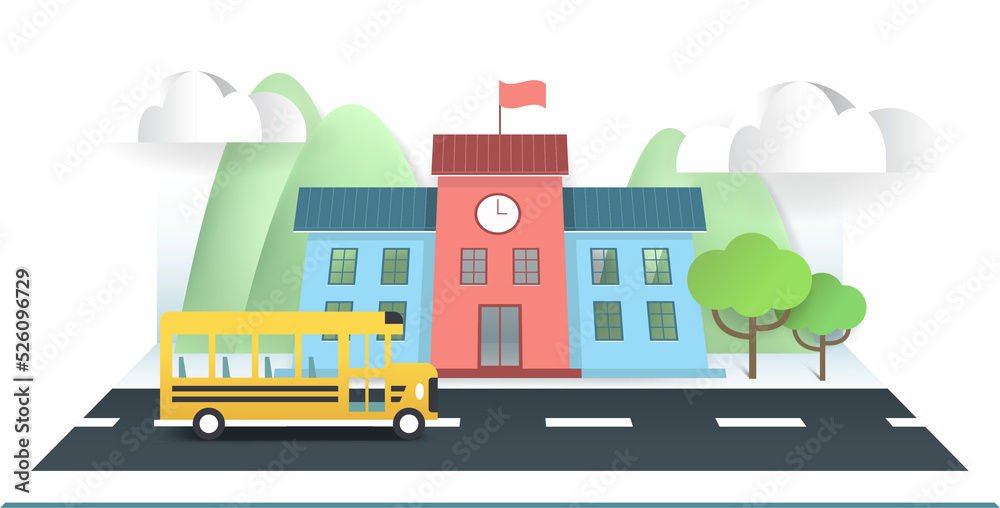 Paper card of school and bus running on the road.