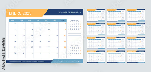 Spanish 2023 year Calendar. Week starts Monday. Planner grid. Yearly calender layout. Desk schedule template. Table organizer. Horizontal monthly diary with 12 month. Vector illustration Paper size A5 photo