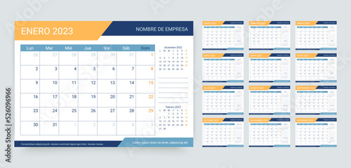 Spanish 2023 year Calendar. Week starts Monday. Planner grid. Yearly calender layout. Desk schedule template. Table organizer. Horizontal monthly diary with 12 month. Vector illustration Paper size A5