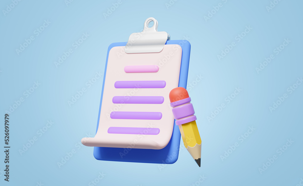 3D Clipboard, white sheet and pencil floating on blue background. Copywriting, notepad, writing on document, note taking, project plan concept. Cartoon icon minimal style. 3d render with clipping path 3D Clipboard, white sheet and pencil floating on blue background. Copywriting, notepad, writing on document, note taking, project plan concept. Cartoon icon minimal style. 3d render with clipping path
