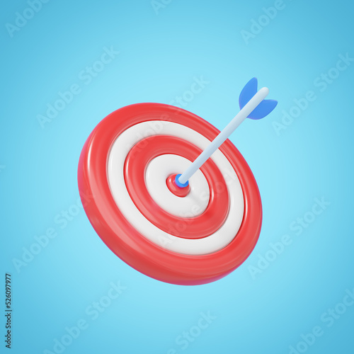 3d arrows in red bullseye isolated on blue background. Target landing web page. Business finance, Marketing goal success, target achievement concept. cartoon icon minimal. 3d render with clipping path