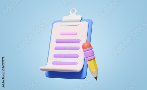 3D Clipboard, white sheet and pencil floating on blue background. Copywriting, notepad, writing on document, note taking, project plan concept. Cartoon icon minimal style. 3d render with clipping path