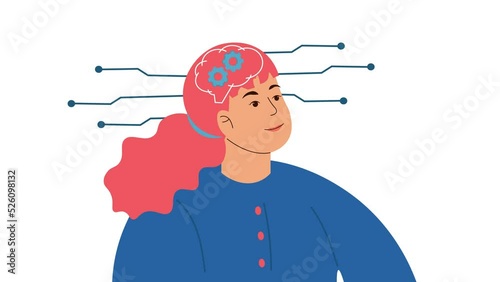 The girl thinks out an idea. The thinking process animation. Brainstorming. Gear wheels spinning.