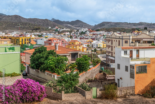 Top view of La Laguna town against the backdrop of the mountains in Tenerife, Spain. Typical landscape of a small town in the Canary Islands