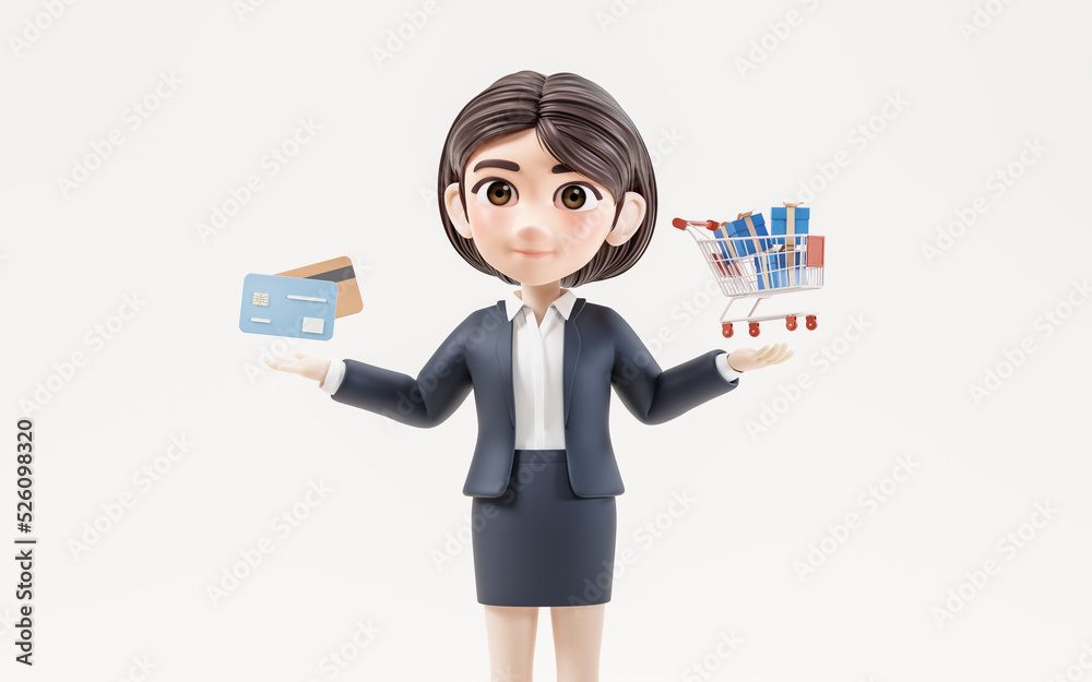 Business girl with shopping concept, 3d rendering. Business girl with shopping concept, 3d rendering.