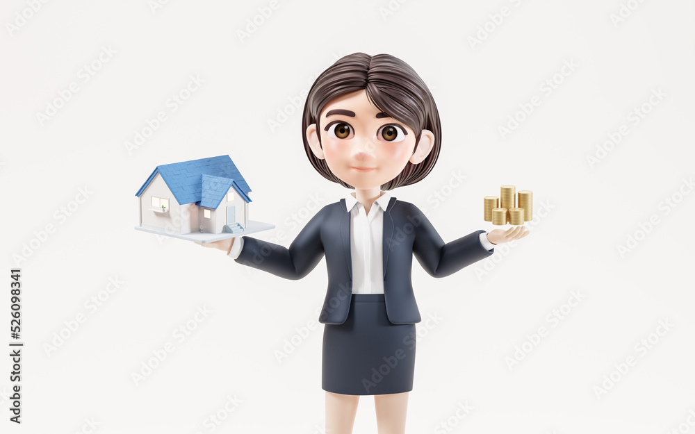 Business girl with house investing concept, 3d rendering. Business girl with house investing concept, 3d rendering.