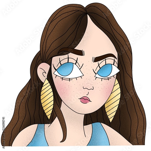 confused teenager girl illustration, portrait of a brunette sceptic girl with large earrings and blue eyes. teen character.