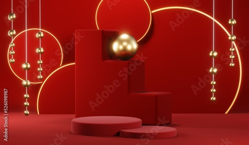 3D rendering of blank product background for cream cosmetics Modern red podium background