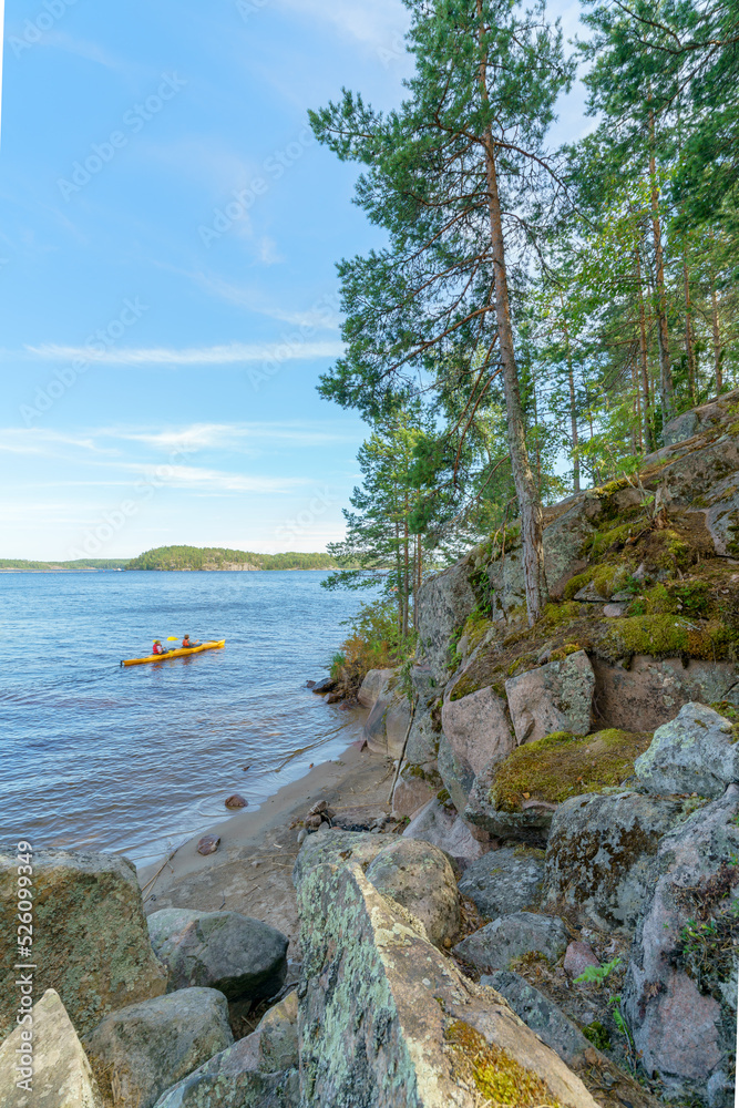 Beautiful stones and pine trees on the lake. Landscape of wild nature. Beautiful stones and pine trees on the lake. Landscape of wild nature.