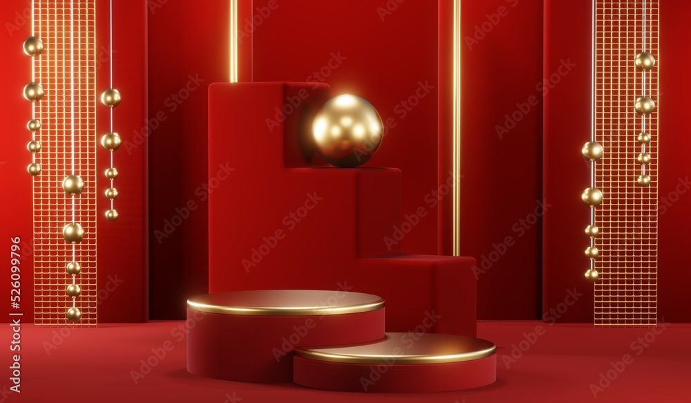 3D rendering of blank product background for cream cosmetics Modern red podium background