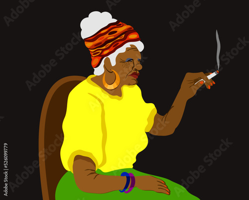 Elderly white-haired woman with cigarette. Vector illustration on dark background. Woman wearing bright attractive clothes and accessories.