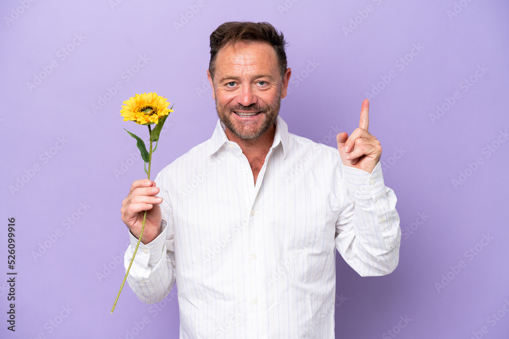 Middle age caucasian man holding sun flower isolated on purple background showing and lifting a finger in sign of the best Middle age caucasian man holding sun flower isolated on purple background showing and lifting a finger in sign of the best