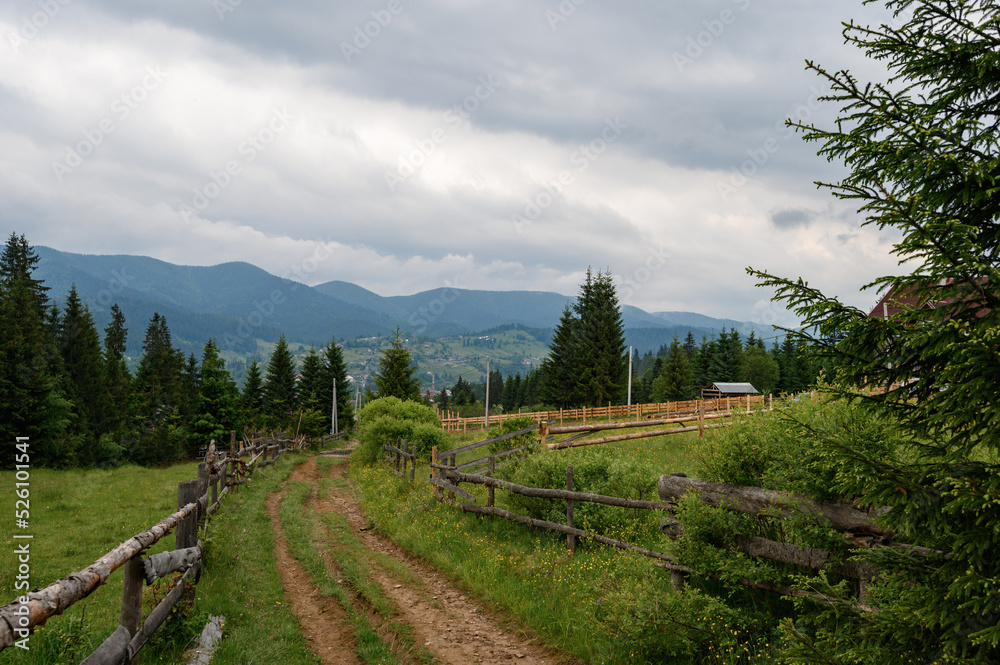 Picturesque summer Carpathian view of the countryside, wooden fences near the glades.
