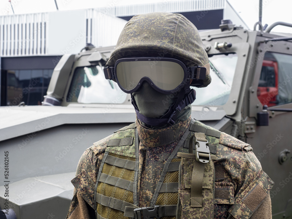 Uniform for soldiers. Military uniform. Mannequin in digital khaki camouflage. Modern military