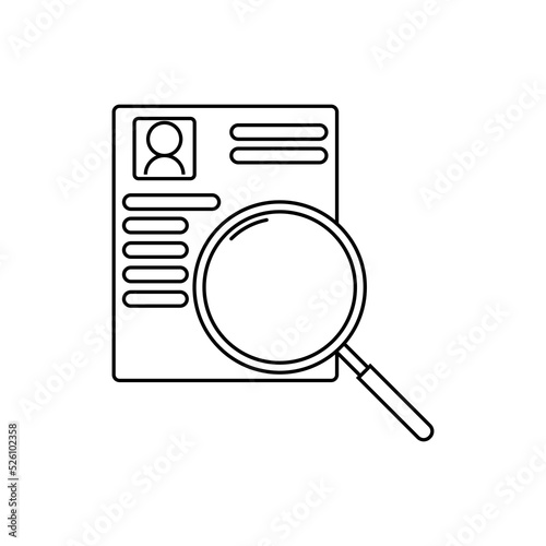 Magnifying glass on a document with data sign. Search for an employee illustration