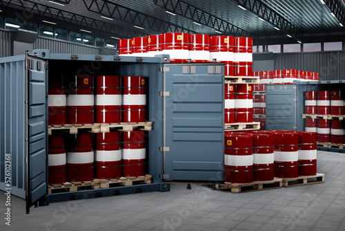 Warehouse chemical products. Red barrels in shipping containers. Logistics goods chemical industry. Open cargo containers inside hangar. Warehouse Logistics. Industrial chemical enterprise. 3d image photo