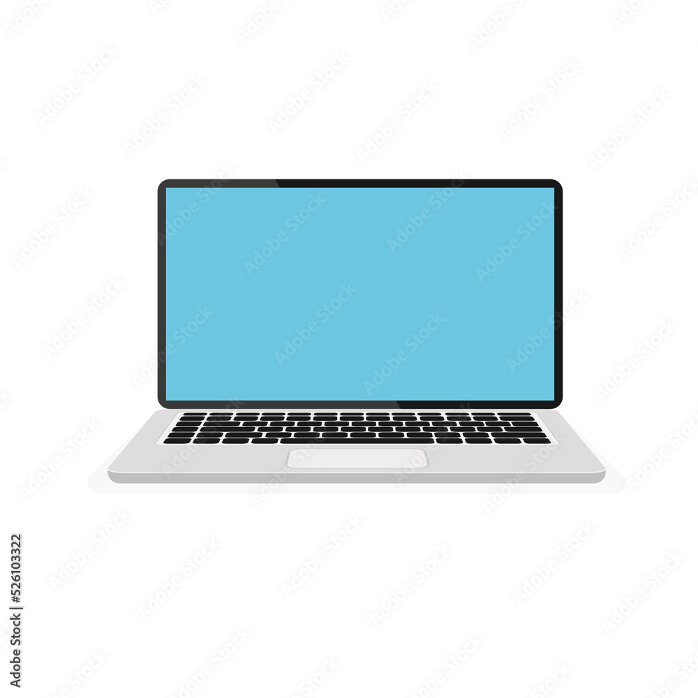 Open laptop with blue display. Empty or blank screen. Computer icon isolated. Equipment for office. Vector illustration. Front view. Open laptop with blue display. Empty or blank screen. Computer icon isolated. Equipment for office. Vector illustration. Front view.