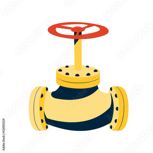 Element of the gas pipeline. Valve for closing or opening the gas supply. Connecting elements in metal structures. Illustration in flat cartoon graphic style. Gas transport hub.