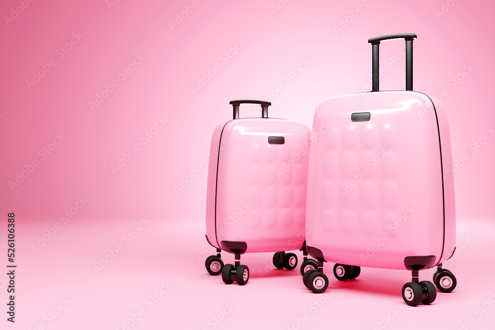 Close-up of two pink travel suitcases on wheels on a pink background. 3d rendering Close-up of two pink travel suitcases on wheels on a pink background. 3d rendering