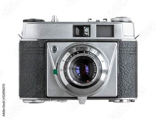 Vintage 35 mm film photography camera isolated, front view closeup
