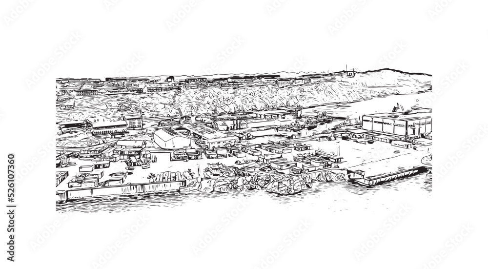 Building view with landmark of Nuuk is the 
capital of Greenland. Hand drawn sketch illustration in vector.