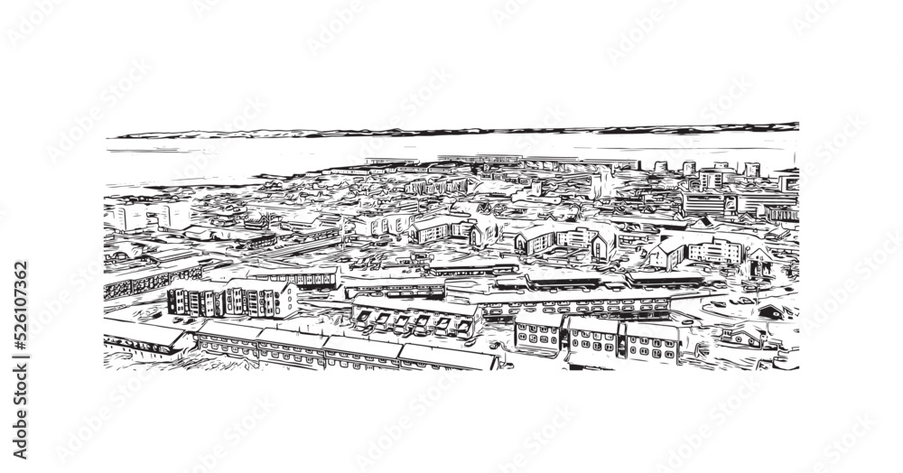 Building view with landmark of Nuuk is the 
capital of Greenland. Hand drawn sketch illustration in vector.