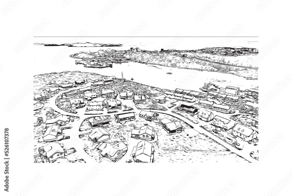 Building view with landmark of Nuuk is the 
capital of Greenland. Hand drawn sketch illustration in vector.