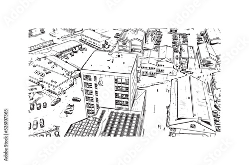 Building view with landmark of Nuuk is the capital of Greenland. Hand drawn sketch illustration in vector.