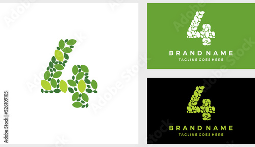 Number four 4 eco leaves logo icon vector