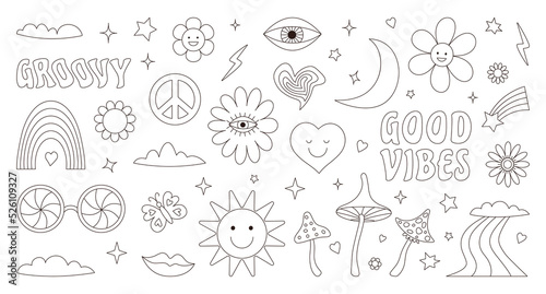 Groovy hippie 70s set. Black line, linear art. Funny cartoon flower, rainbow, world, love, heart, daisy, mushroom, etc. A set of stickers in a fashionable retro psychedelic cartoon style. 