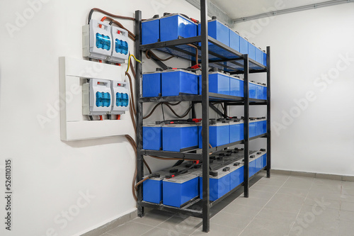 Battery room. Battery pack in battery room in power plant for supply electricity in plant during shutdown phase. Battery room, rows of batteries in industrial backup power system