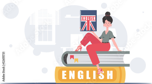 The concept of learning English. A woman sits on books and holds an English dictionary in her hands. Trendy flat style. Vector illustration.