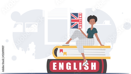 The concept of teaching English. A woman sits on books and holds an English dictionary in her hands. trendy style. Vector illustration.