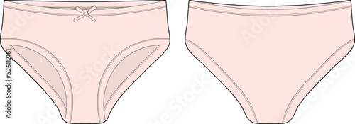 Technical sketch of briefs for girls. Female underpants. Light pink color. Women casual panties.