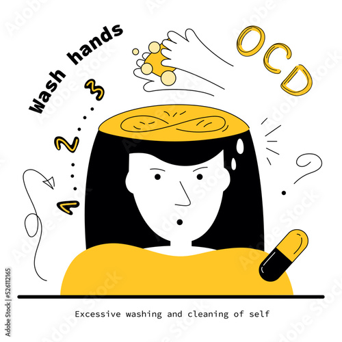 OCD symptoms, women has fear and intrusive thoughts for obsessive wash hands. Vector illustration obsessive compulsive disorder with neurosis discomfort, panic attack.