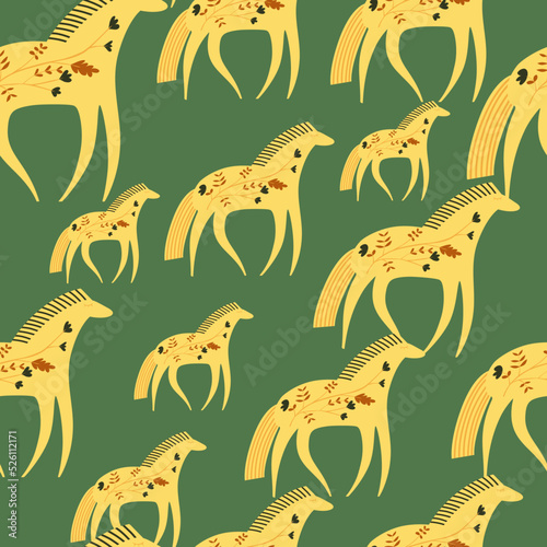 Hand drawn horse seamless pattern. Cute cartoon wallpaper with wild flower and stylized animals.