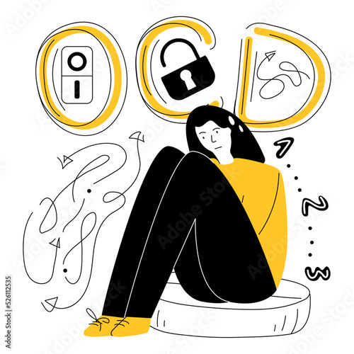 Women has syndrome obsessive compulsive disorder. Vector illustration with lettering OCD and symptoms of human fear, intrusive, thoughts, neurosis and panic attack.